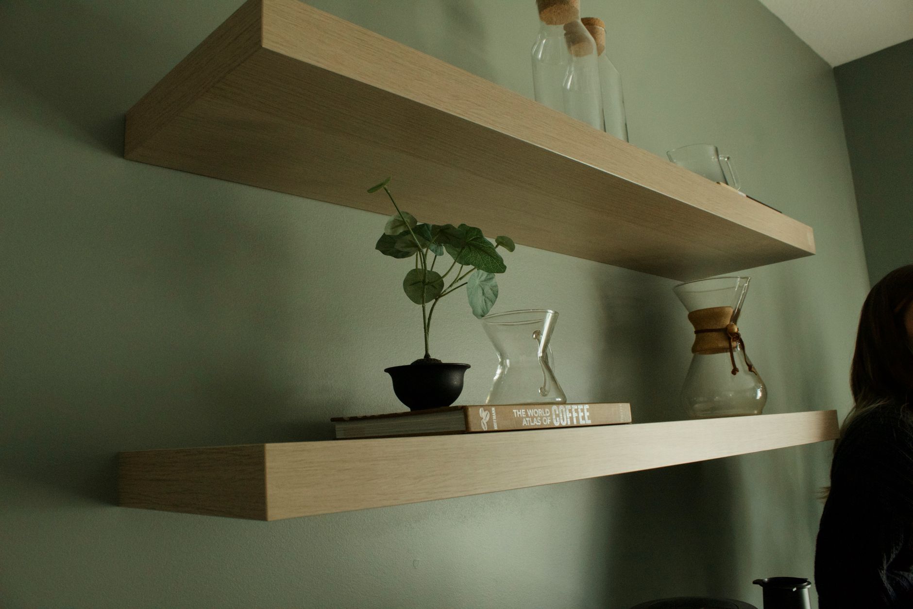 Floating wall shelves with books and plants in apartment living room