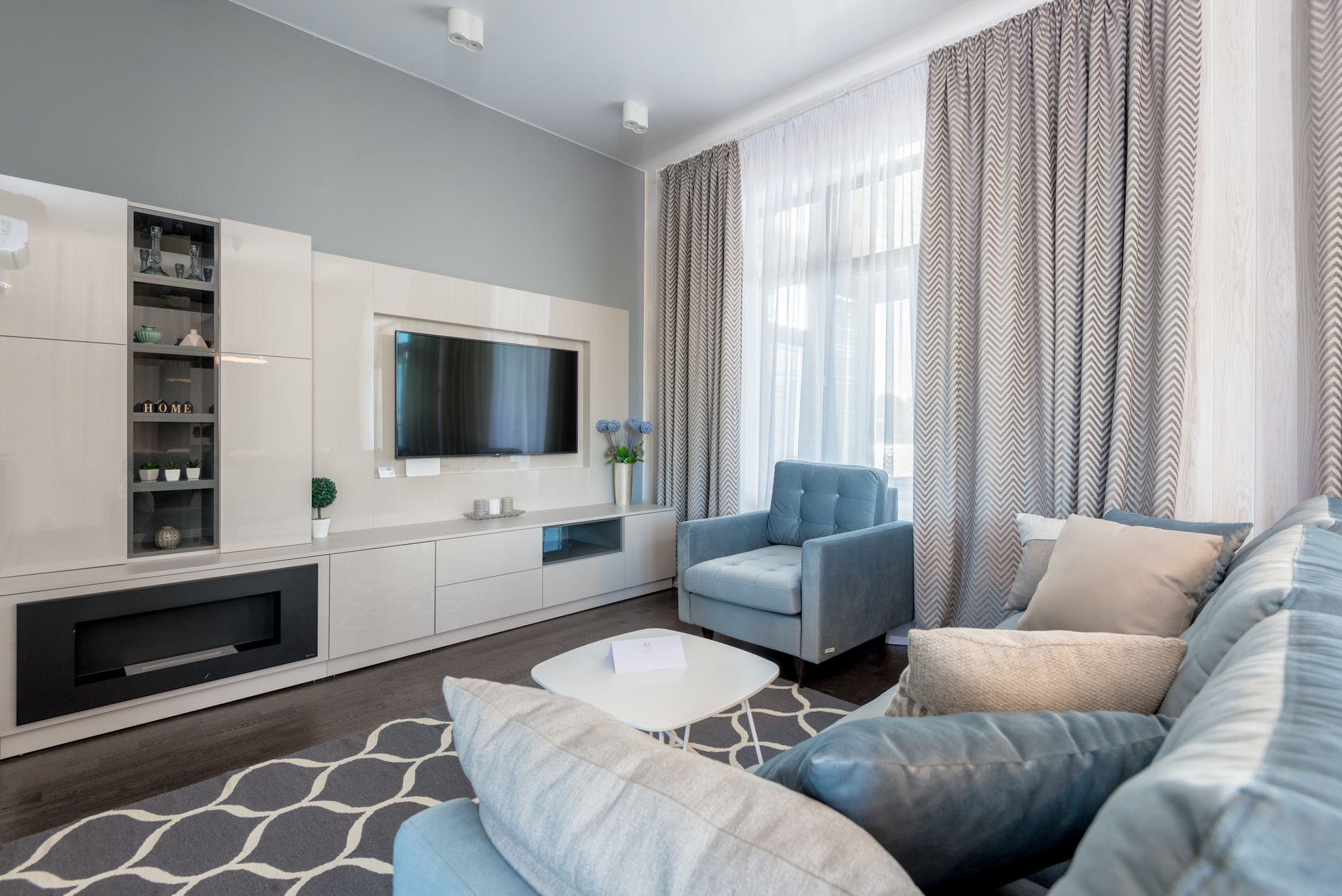 Contemporary living room with area rug defining the space