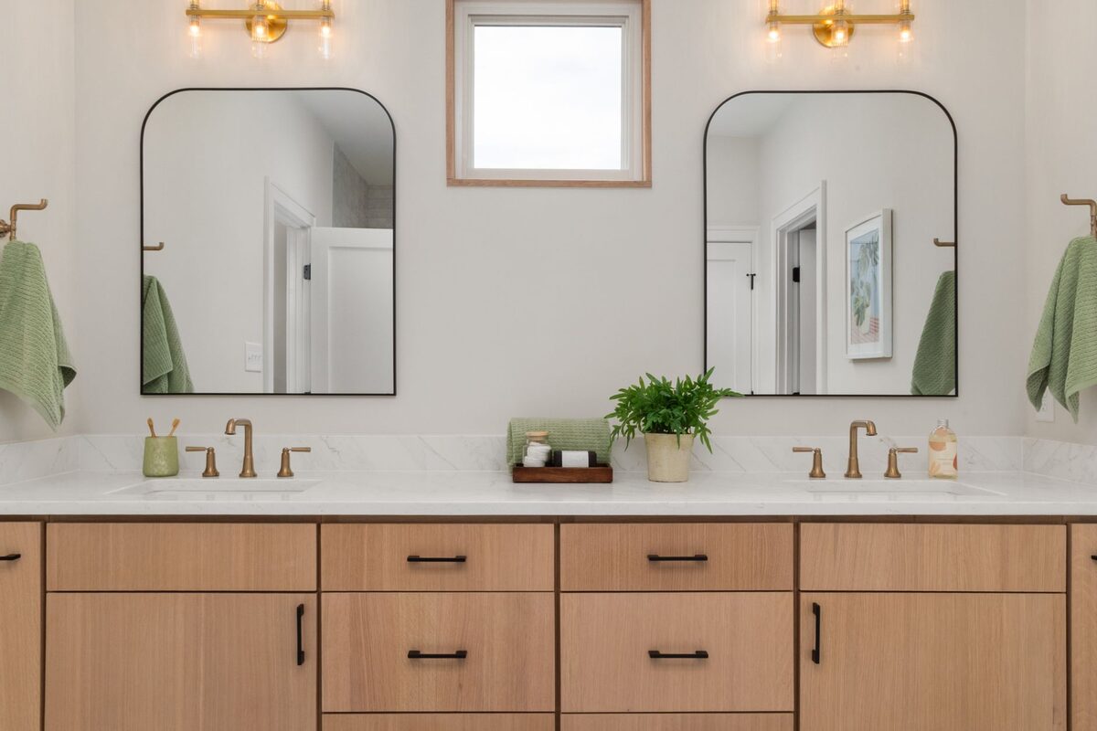 Bathroom styling details plants towels rental apartment